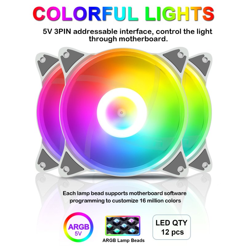 RGB Case Fan 6 Pack, 120mm 5V 3Pin ARGB 4Pin PWM PC Computer Chassis Cooler, Motherboards Sync Colorful PC Radiator CPU Heatsink 5