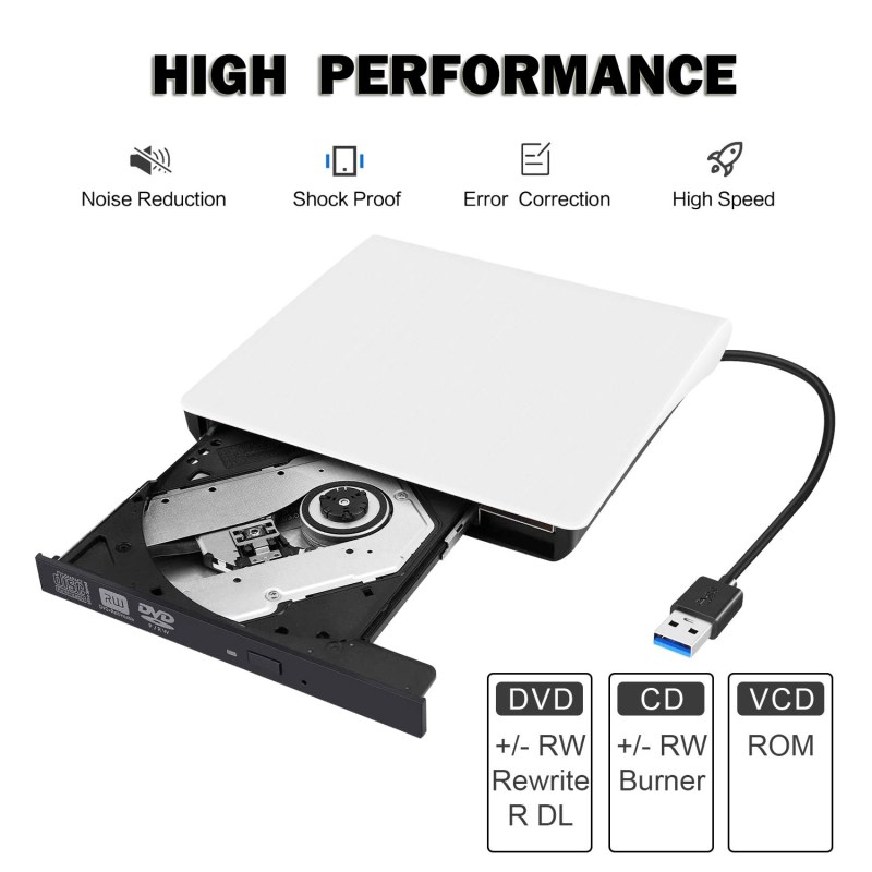 External CD DVD Drive USB 3.0 Portable Fits for DVD-R DVD-RW DVD+R DVD+RW DVD-ROM Super Speed Data Transfer White 2