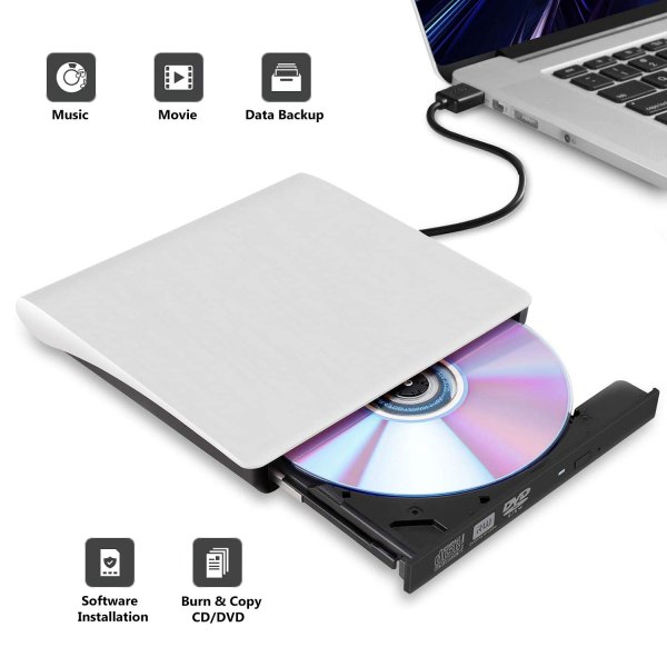 External CD DVD Drive USB 3.0 Portable Fits for DVD-R DVD-RW DVD+R DVD+RW DVD-ROM Super Speed Data Transfer White 4
