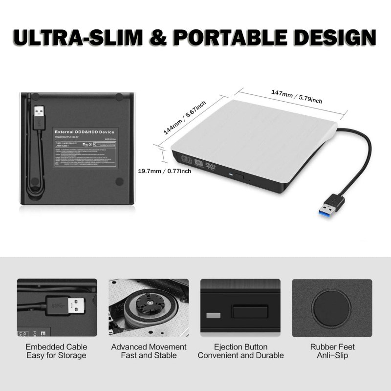 External CD DVD Drive USB 3.0 Portable Fits for DVD-R DVD-RW DVD+R DVD+RW DVD-ROM Super Speed Data Transfer White 5