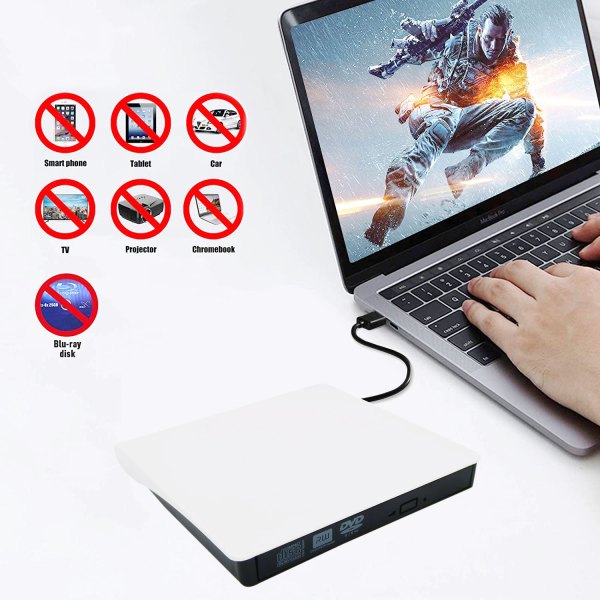 External CD DVD Drive USB 3.0 Portable Fits for DVD-R DVD-RW DVD+R DVD+RW DVD-ROM Super Speed Data Transfer White 7