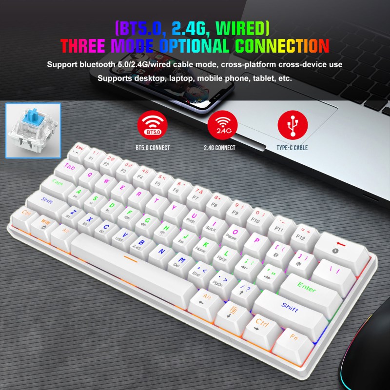 60% Mechanical Keyboard 3-Modes 2.4G Wireless/Bluetooth/Wired, Type-C Mini 61 Keys RGB Backlit Blue Switch White 2