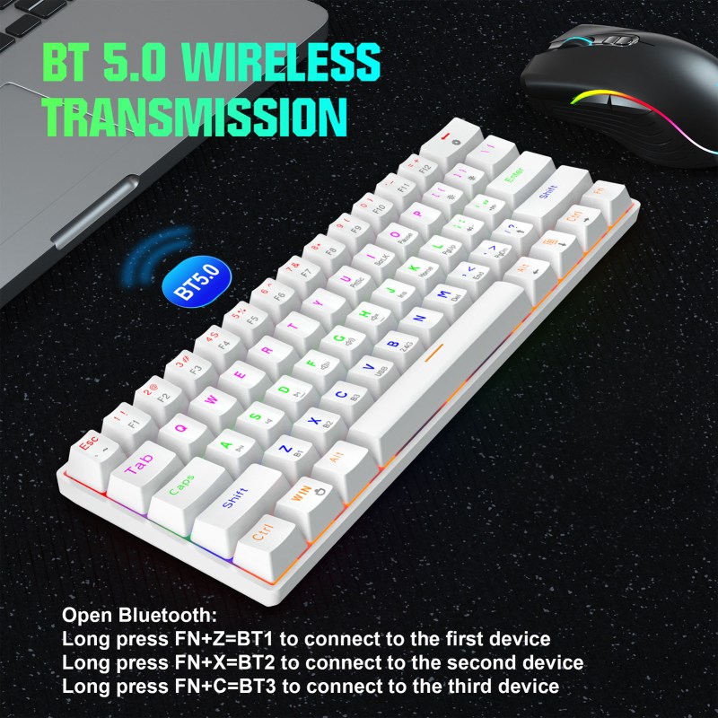 60% Mechanical Keyboard 3-Modes 2.4G Wireless/Bluetooth/Wired, Type-C Mini 61 Keys RGB Backlit Blue Switch White 3