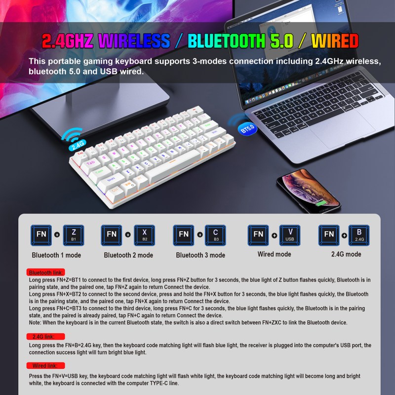 60% Mechanical Keyboard 3-Modes 2.4G Wireless/Bluetooth/Wired, Type-C Mini 61 Keys RGB Backlit Blue Switch White 6