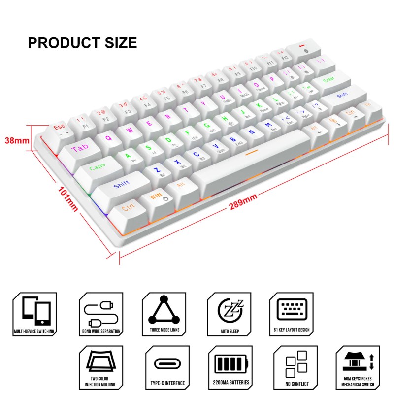 60% Mechanical Keyboard 3-Modes 2.4G Wireless/Bluetooth/Wired, Type-C Mini 61 Keys RGB Backlit Blue Switch White 7