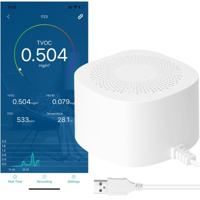 Air Quality Tester Carbon Dioxide Sensor Formaldehyde Detector, Smart Air Quality Box Phone APP Monitor Multifunctional for HCHO, CO2, TVOC, Temperature