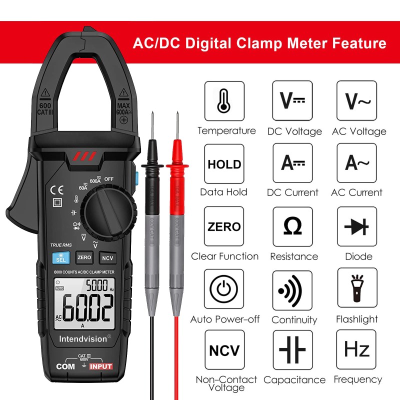 AC/DC Digital Clamp Meter T-RMS 6000 Counts, Multimeter Voltage Tester Auto-ranging NCV 3 AC/DC Digital Clamp Meter T-RMS 6000 Counts, Multimeter Voltage Tester Auto-ranging NCV 3