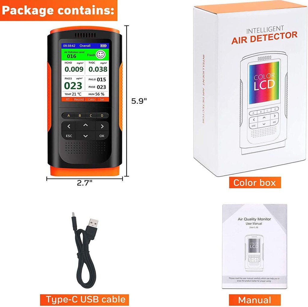 Air Quality Monitor, Indoor Air Quality Pollution Detector Accurate Tester for HCHO (Formaldehyde) TVOC PM2.5 PM1.0 PM10, with Temperature Humidity Monitoring 7