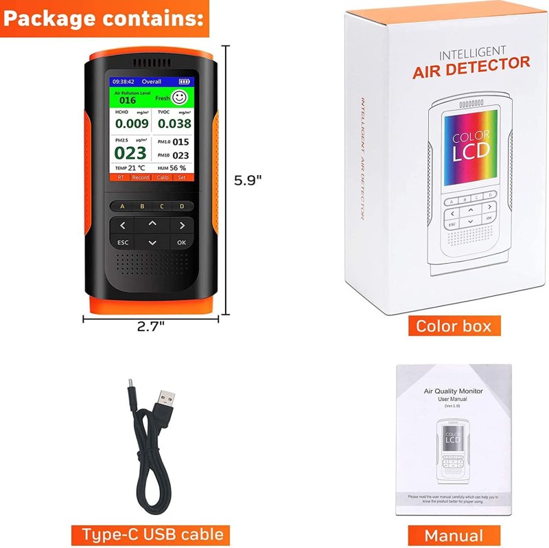 Air Quality Monitor, Indoor Air Quality Pollution Detector Accurate Tester for HCHO (Formaldehyde) TVOC PM2.5 PM1.0 PM10, with Temperature Humidity Monitoring 7