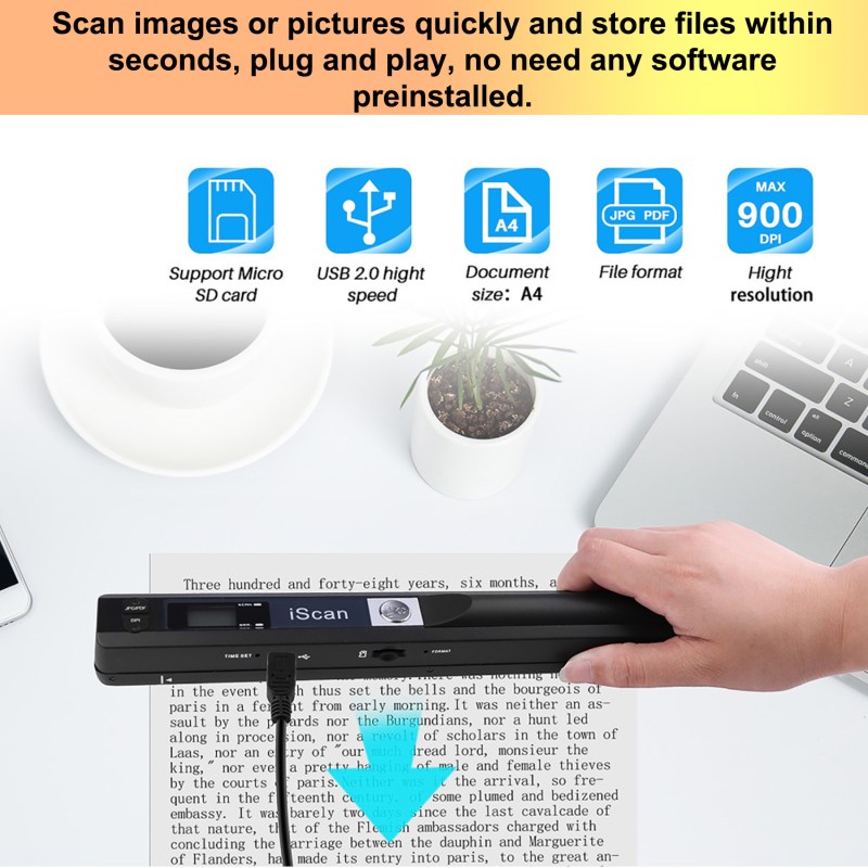 Portable Handheld Scanner, Wand Scanner for A4 Documents Pictures Pages Texts Receipts Books Up to 900DPI 2 Portable Handheld Scanner, Wand Scanner for A4 Documents Pictures Pages Texts Receipts Books Up to 900DPI 2