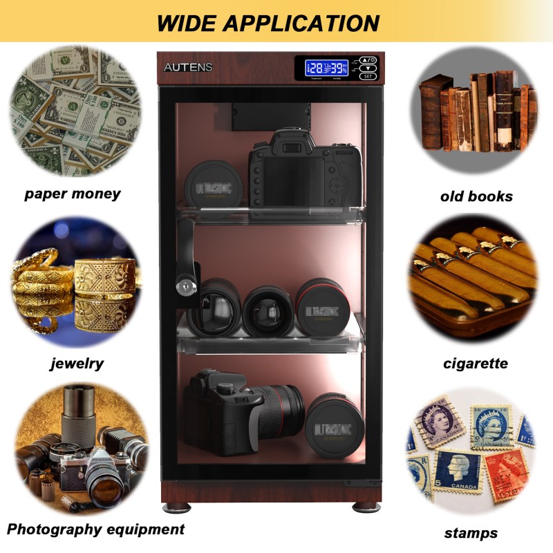 AUTENS 50L Dehumidifying Dry Cabinet Box, Wood Grain Design Digital Control Noiseless and Energy Saving 19