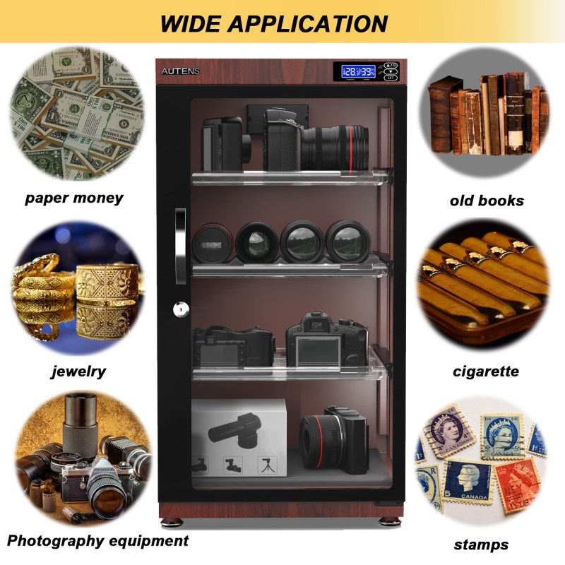 AUTENS 105L Dehumidifying Dry Cabinet Box, Wood Grain Design Digital Control Noiseless and Energy Saving 19